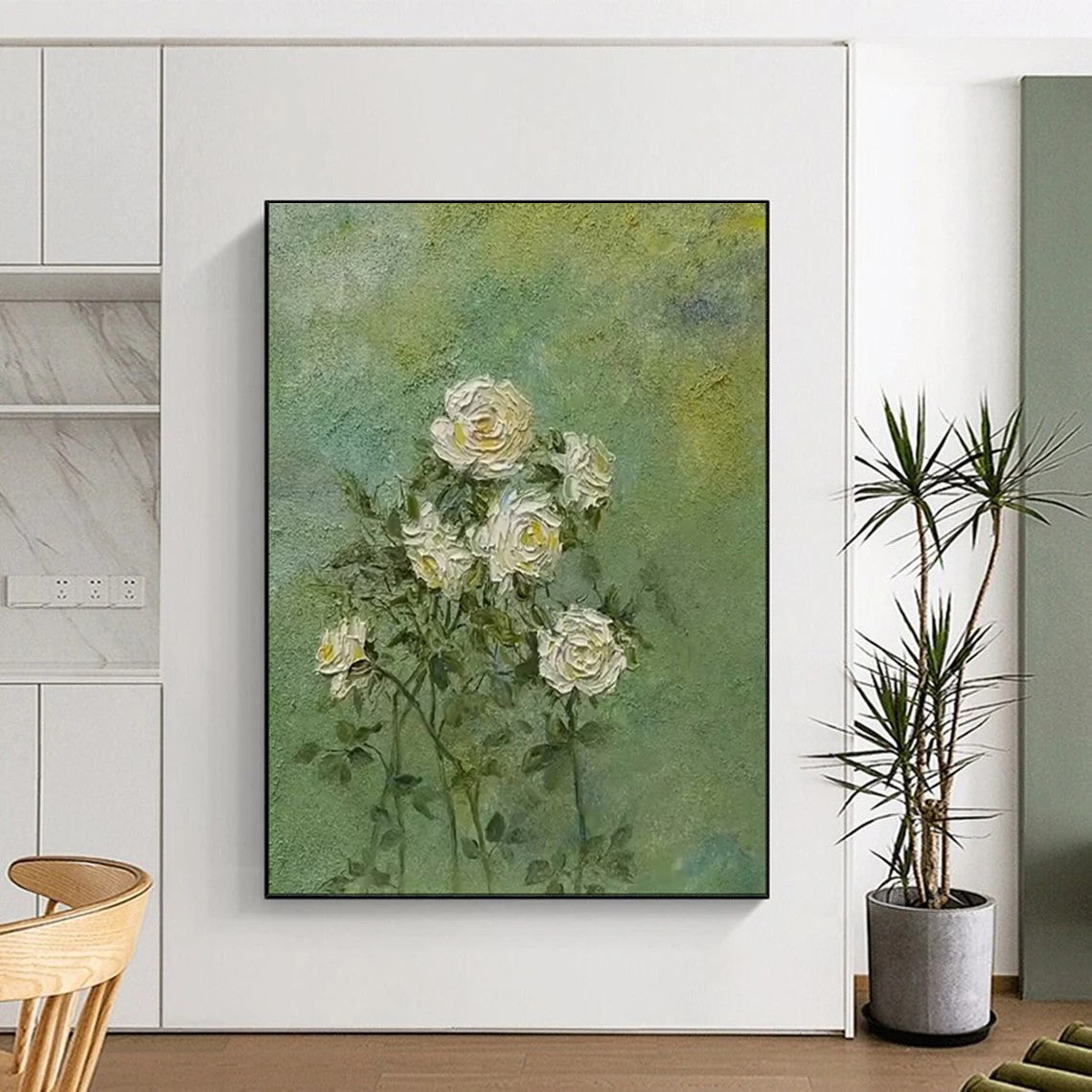 “White Roses on Green” - Textured Floral Painting On Canvas PT1987