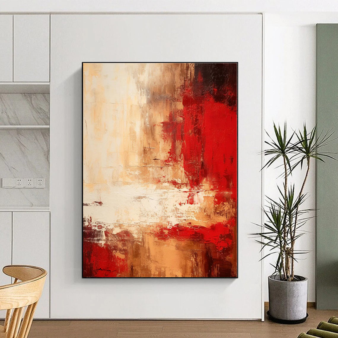 “Red - Beige Abstract Landscape” - Red, Beige Abstract Painting On Canvas PS0481