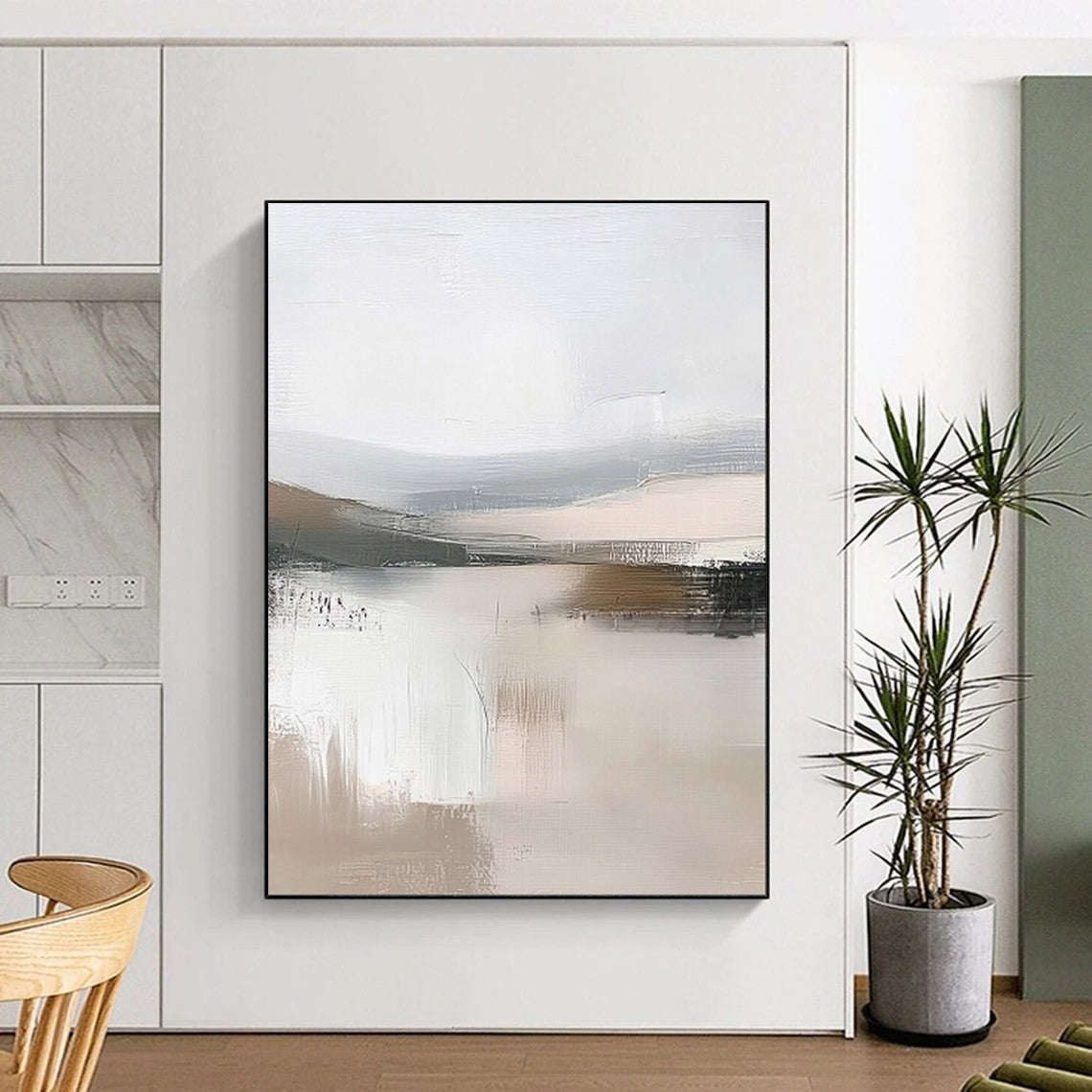 “Abstracted Mountain Lake in Beige - Gray” - Abstract Landscape Painting On Canvas PT2059