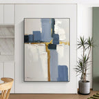 “Blue - Gold Geometric Harmony” - Blue, Gold, White Abstract Painting On Canvas PS0506