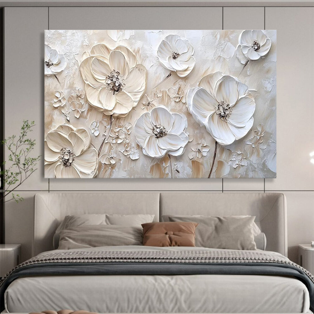 “3D Cream - White Floral Relief” - Impasto Oil Painting on Canvas DKS906