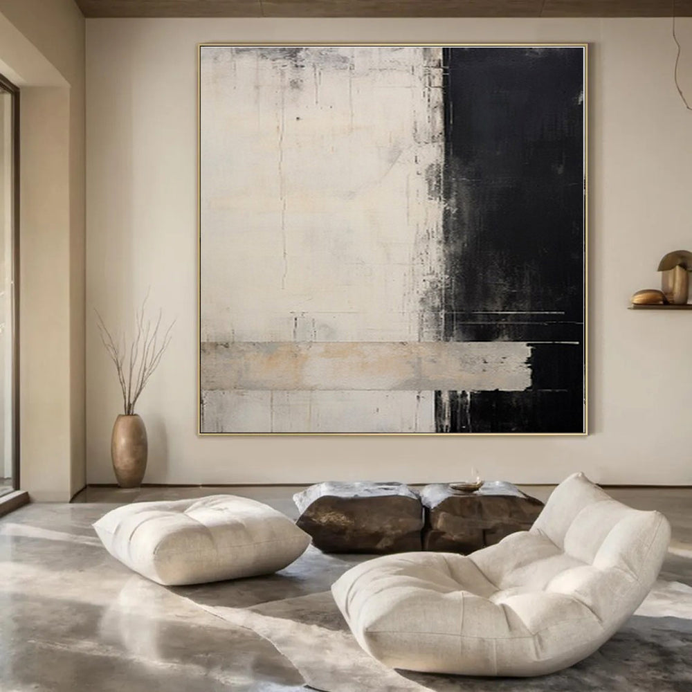 Black, White, Gray with Textured Divisions "Monochrome Split" Abstract Painting On Canvas PS1384
