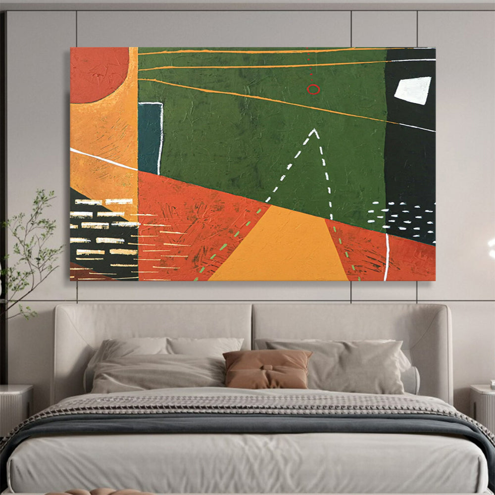 “Geometric Abstraction in Green, Orange, Red” Geometric Abstract Painting On Canvas PT1808