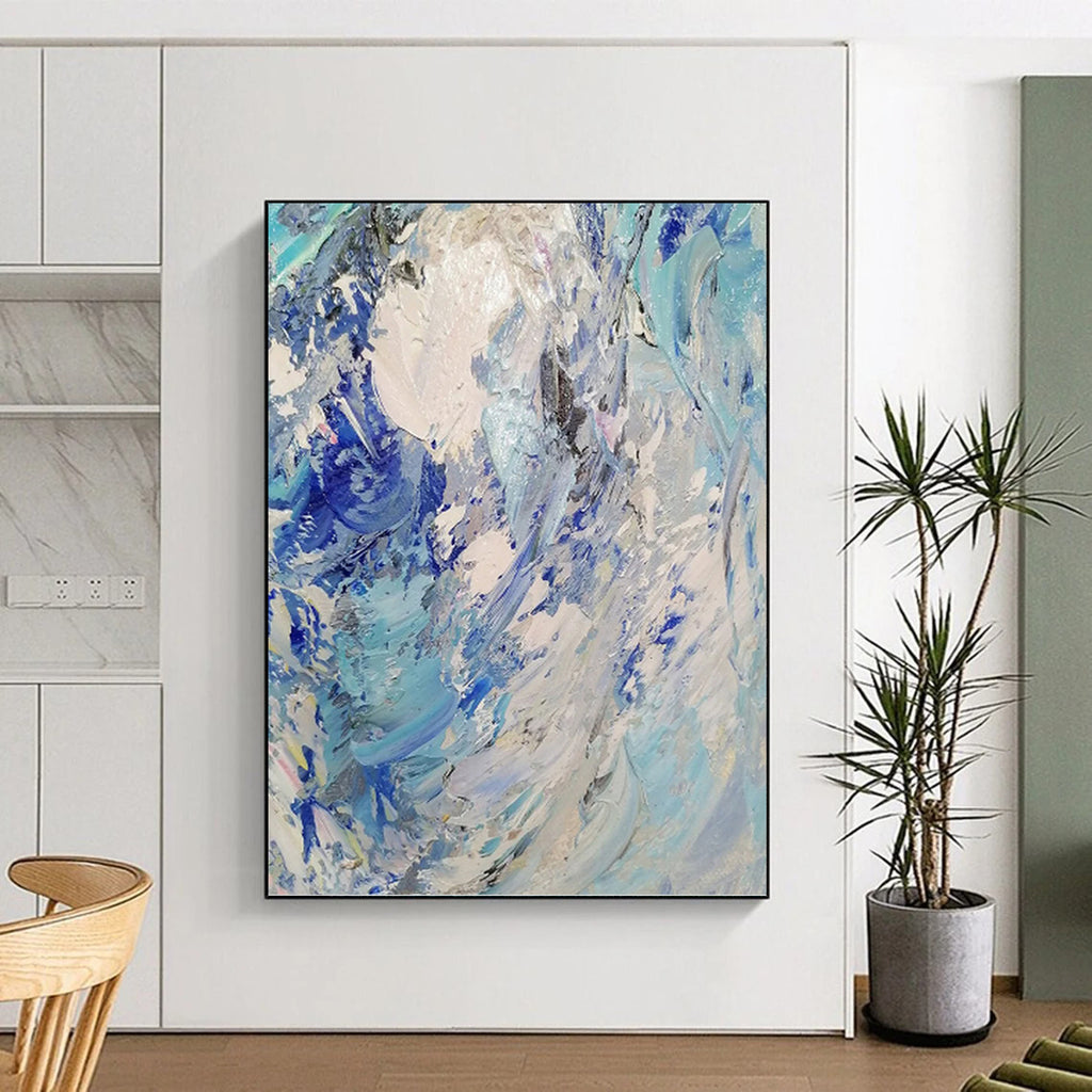 “Blue - White Textured Abstract” - Impasto Abstract Painting On Canvas PT1288
