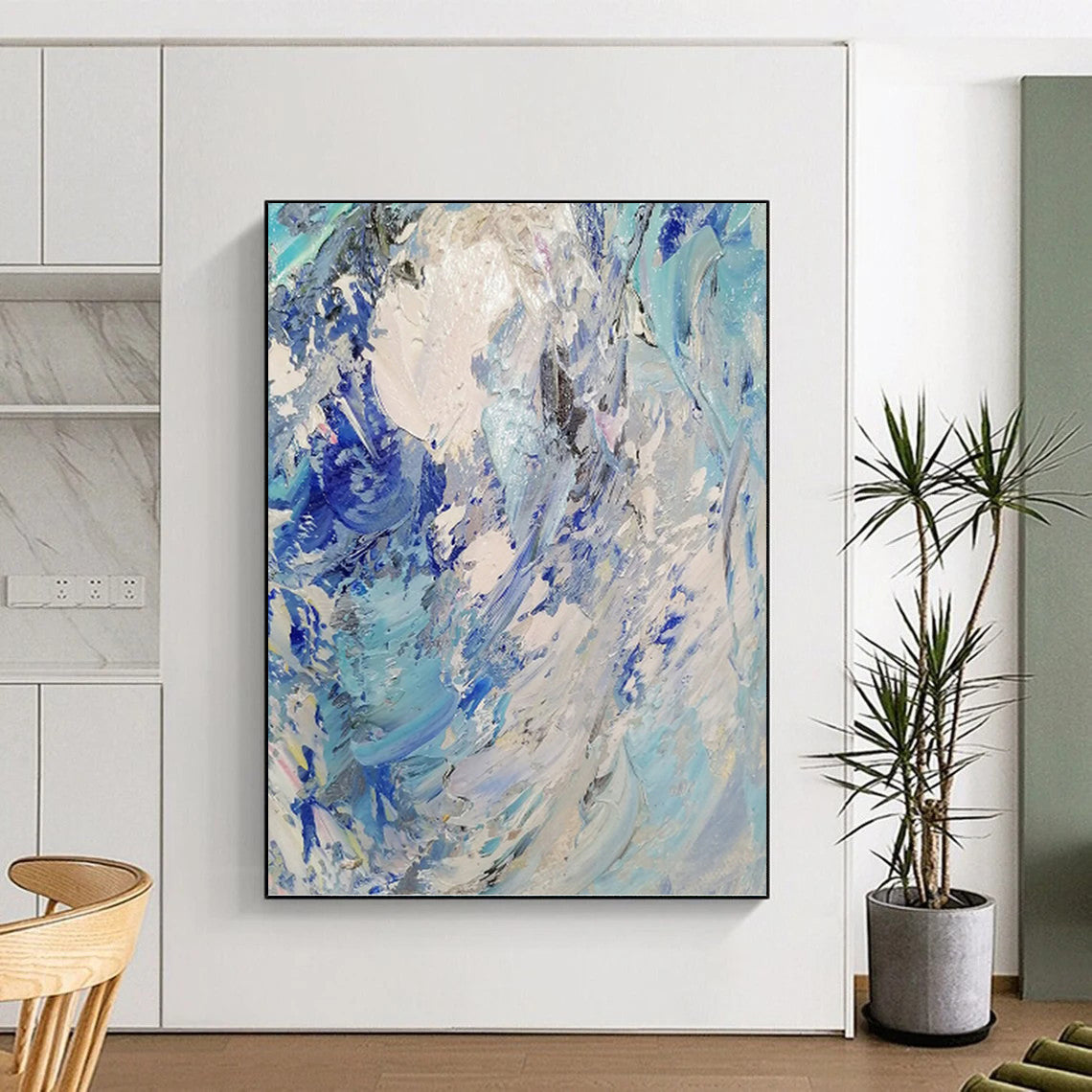 “Blue - White Textured Abstract” - Impasto Abstract Painting On Canvas PT1288