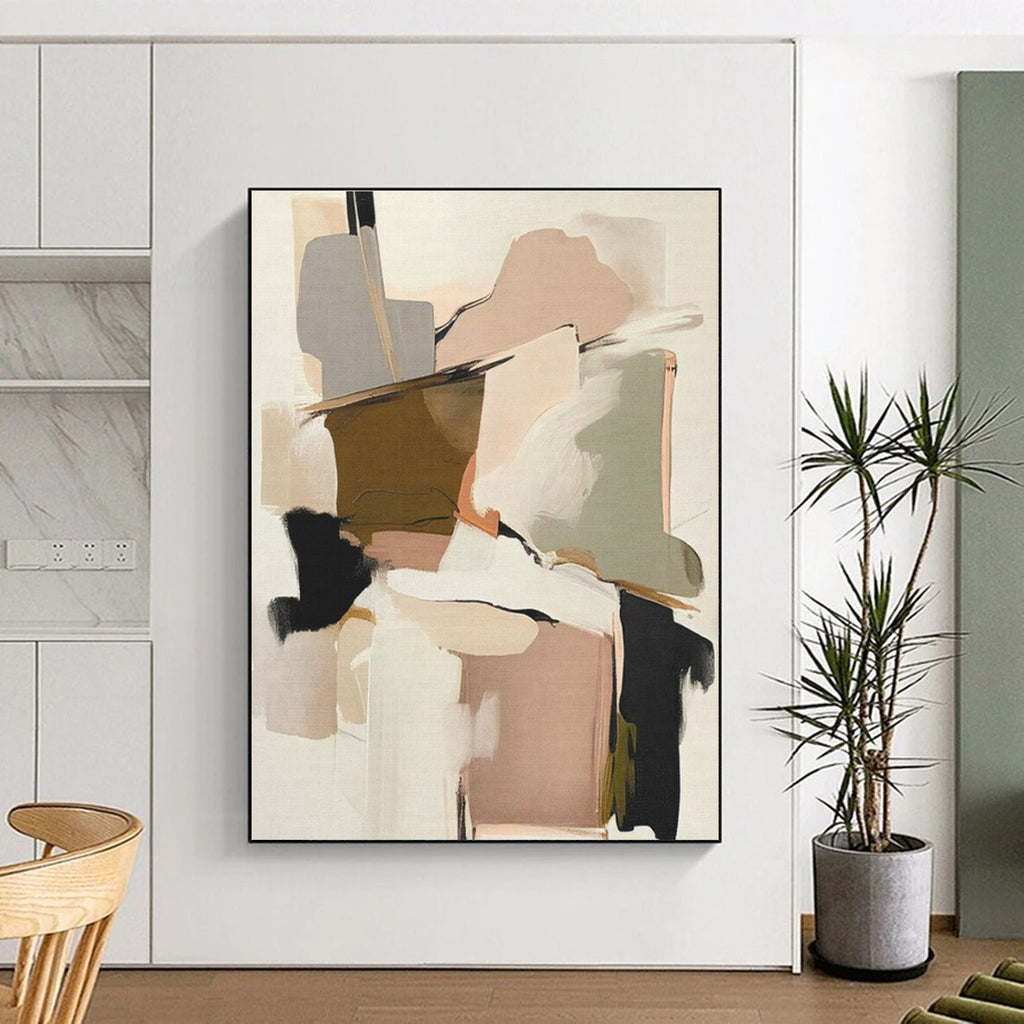 “Blush & Brown Abstract Collage” - Blush, Brown, Gray, White Abstract Mixed - Media Painting On Canvas PS0762