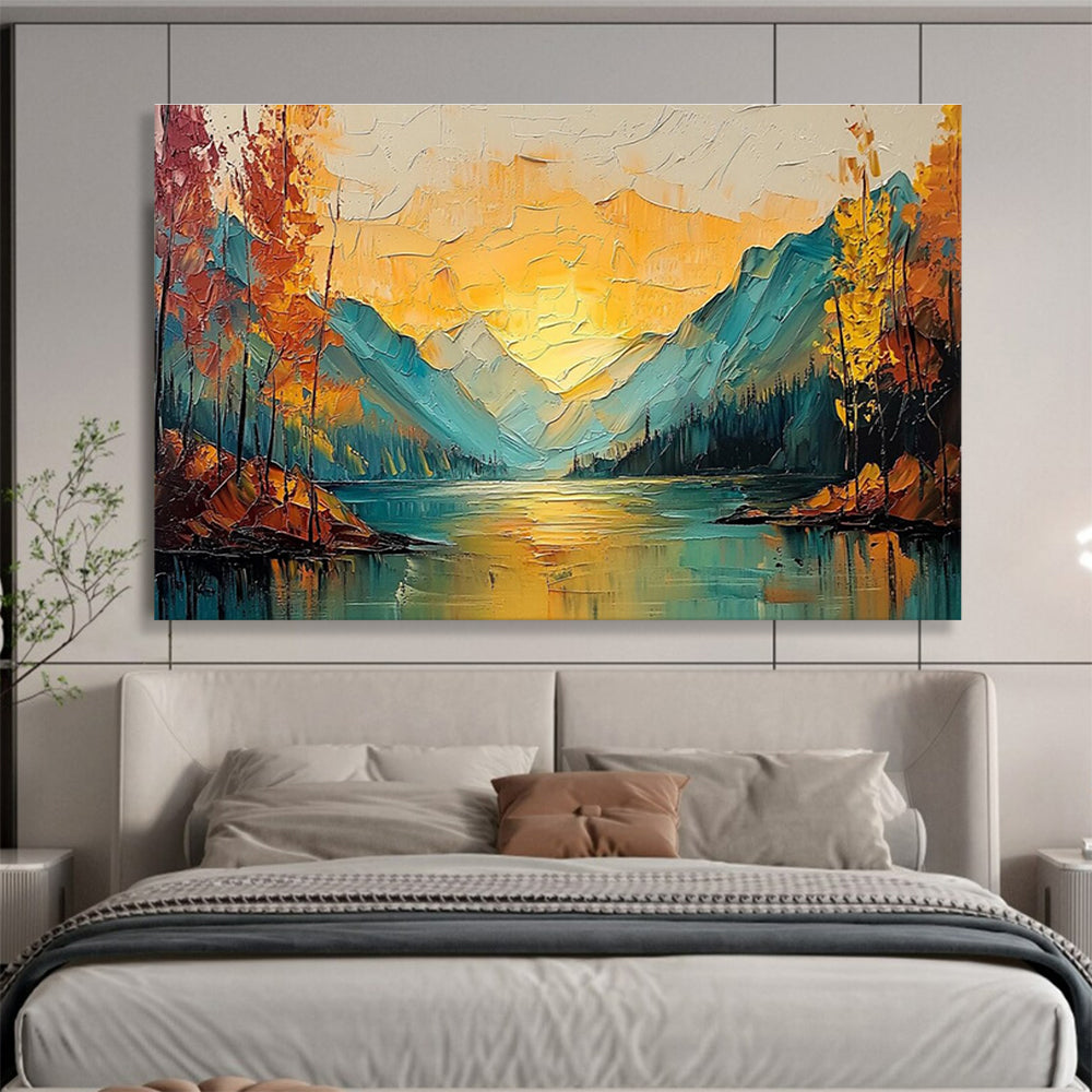 “Sunset - Lit Mountain Lake” - Impasto Oil Painting on Canvas DKS907