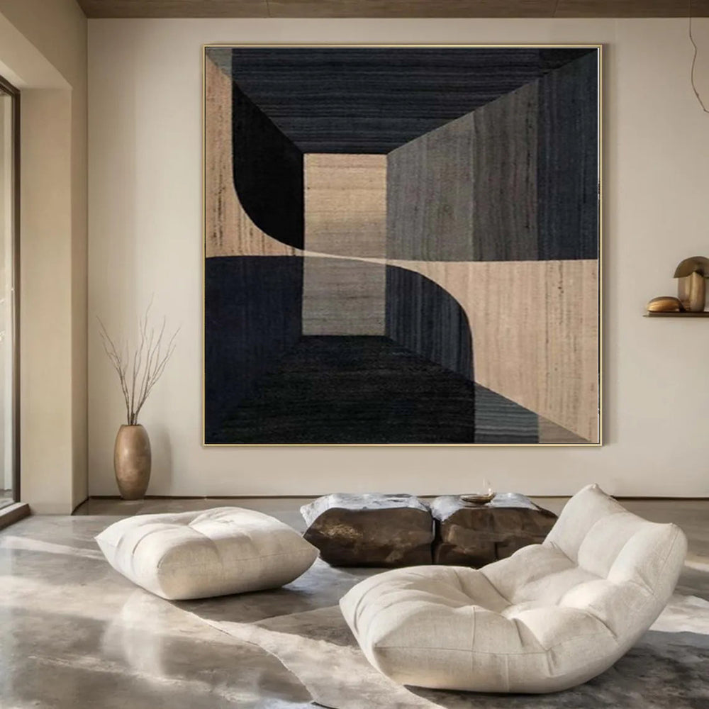 “Black - Beige Geometric Architectural” - Modern Abstract Painting On Canvas PS0136