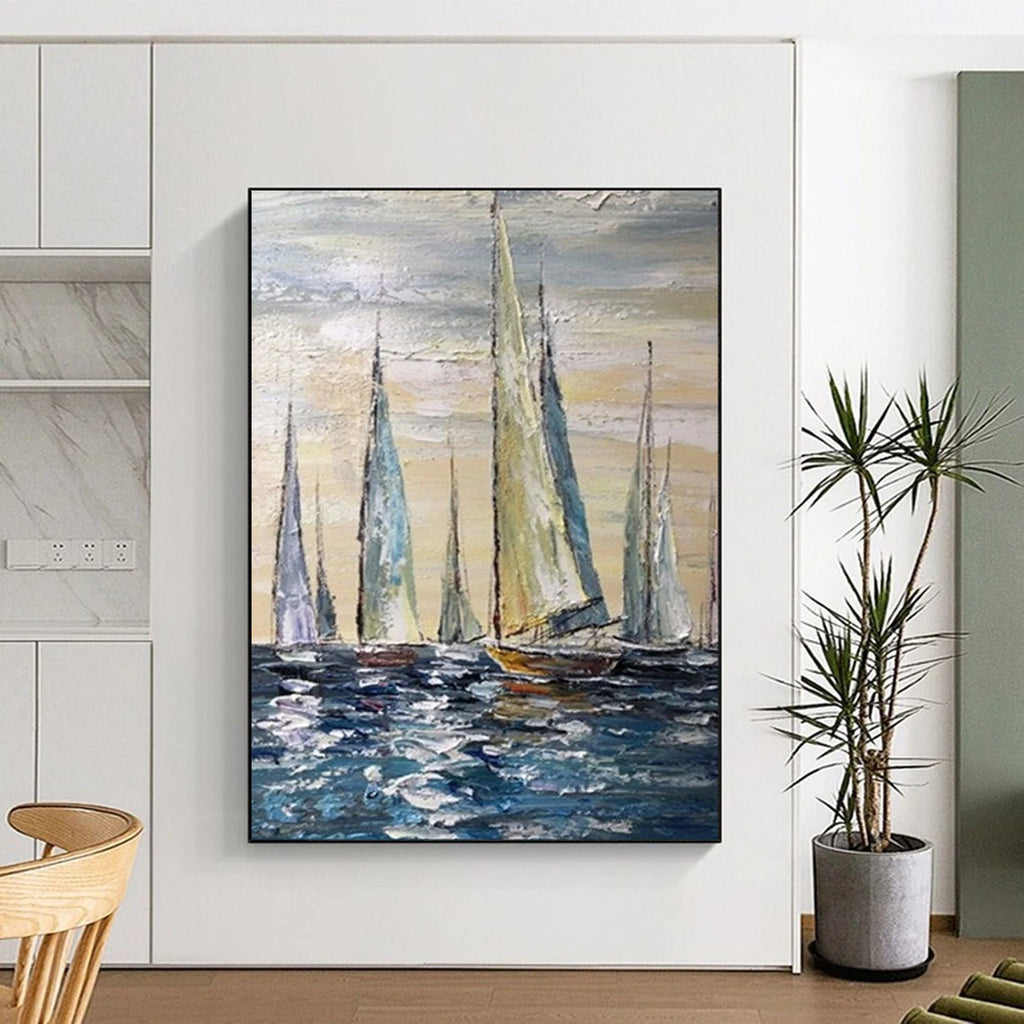 Sailing Regatta, Impasto Seaside, Oil Painting On Canvas PT2095