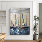 Sailing Regatta, Impasto Seaside, Oil Painting On Canvas PT2095