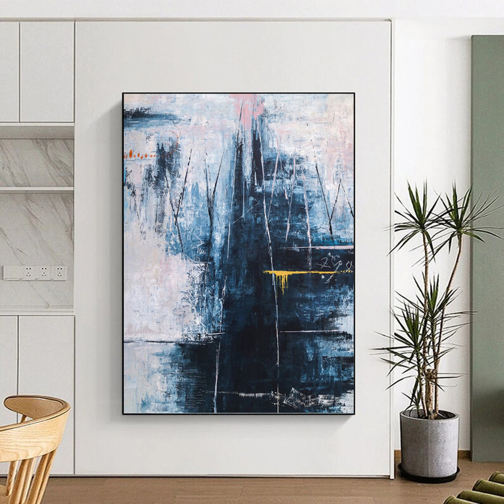 “Blue - Grey Abstract with Yellow” - Moody Abstract Painting On Canvas PT1111
