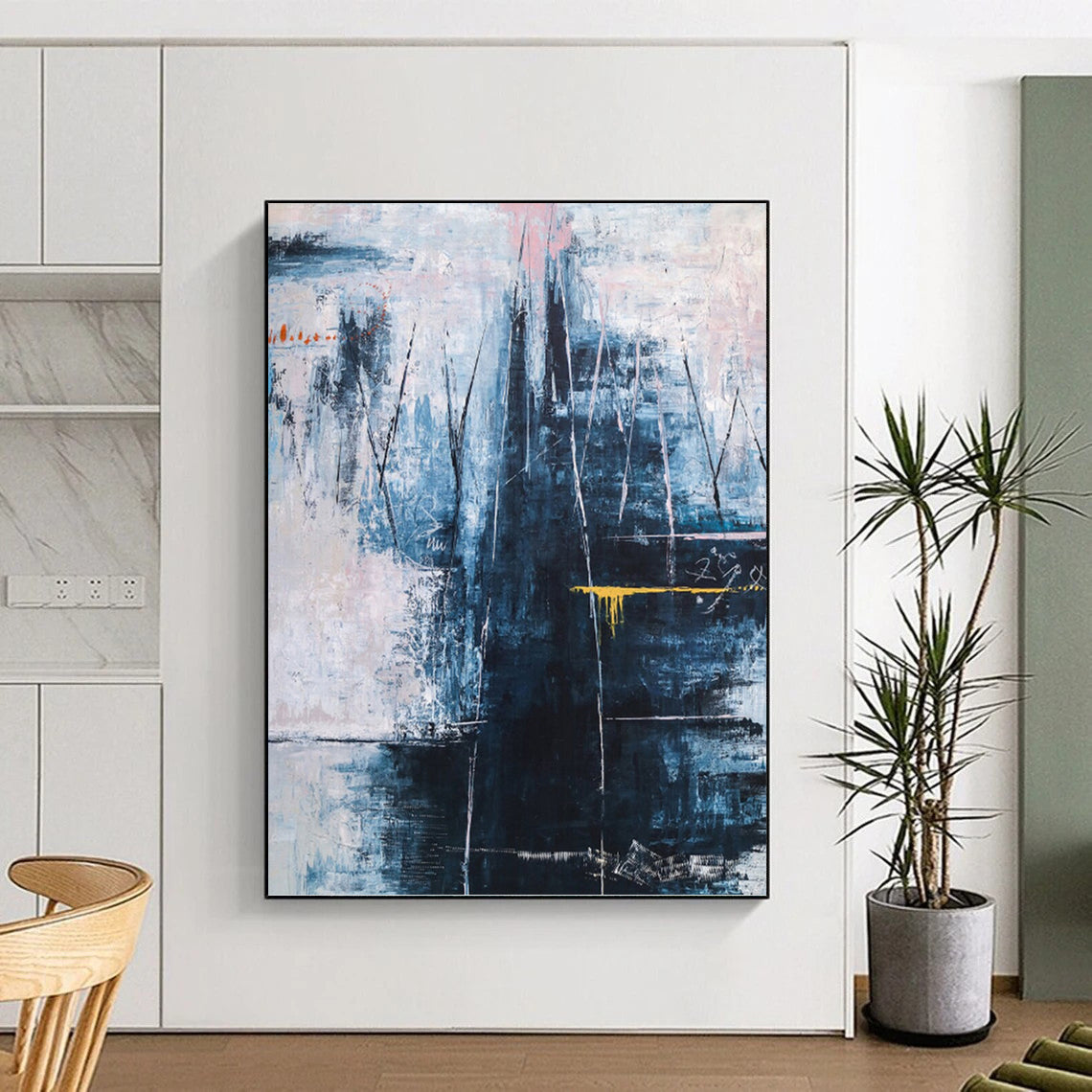 “Blue - Grey Abstract with Yellow” - Moody Abstract Painting On Canvas PT1111