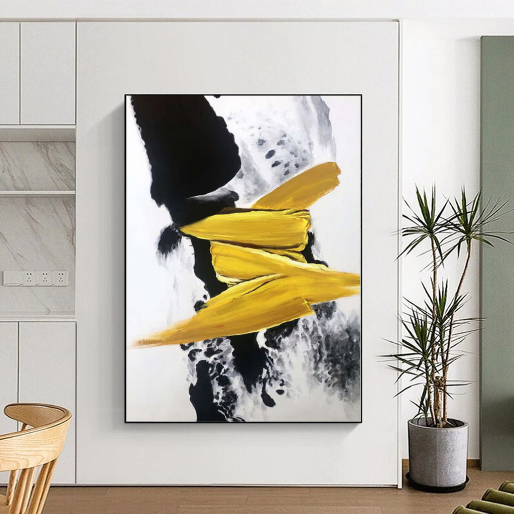 “Black - Yellow Abstract Bold Strokes” - Geometric Abstract Painting On Canvas PS0303
