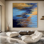 Blue and Gold Abstract Sunset - Textured Color Blends Painting On Canvas PS1234
