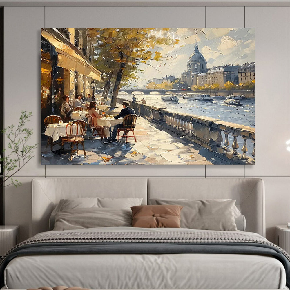 Riverbank Café - Cityscape Oil Painting, Ideal for Kitchen & Patio DKS666