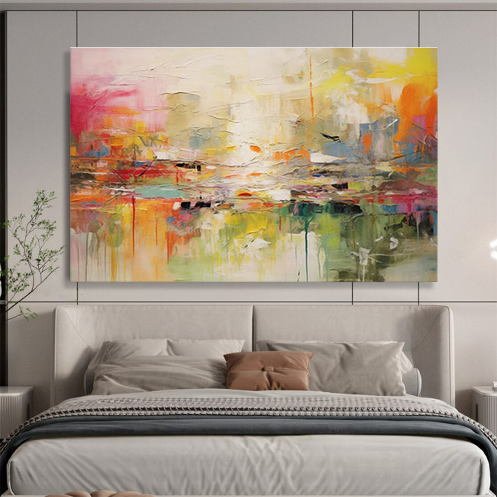“Dreamy City Impressions” - Soft Pink, Yellow & Blue Abstract Urban, Textured Cityscape Oil Painting On Canvas DKS688