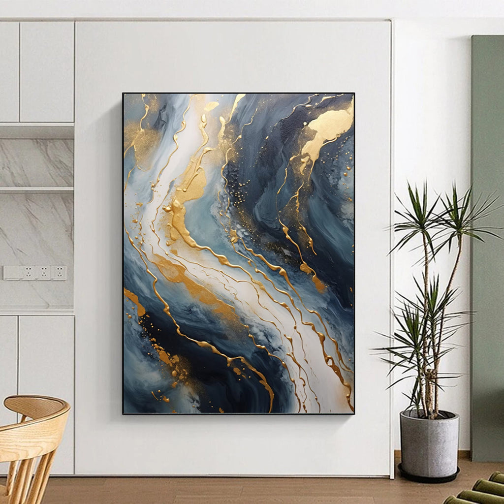 “Blue and Gold Marble” - Abstract, Opulent - Themed Painting On Canvas PT1599