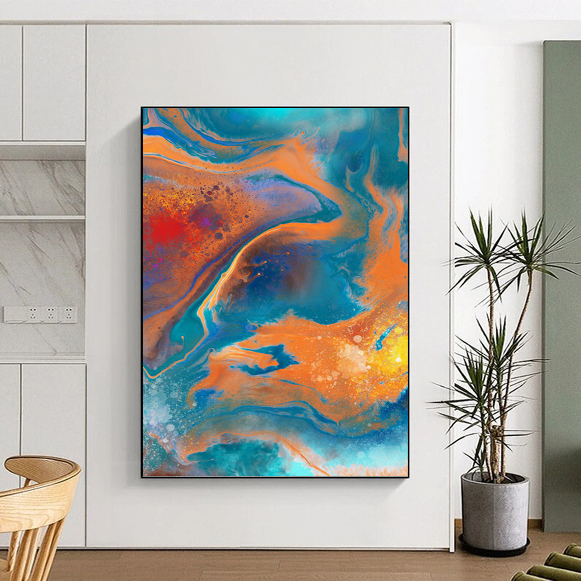 “Vibrant Swirls: Blue, Orange, and Red Abstract” - Fluid Art - Style Painting On Canvas PT0940