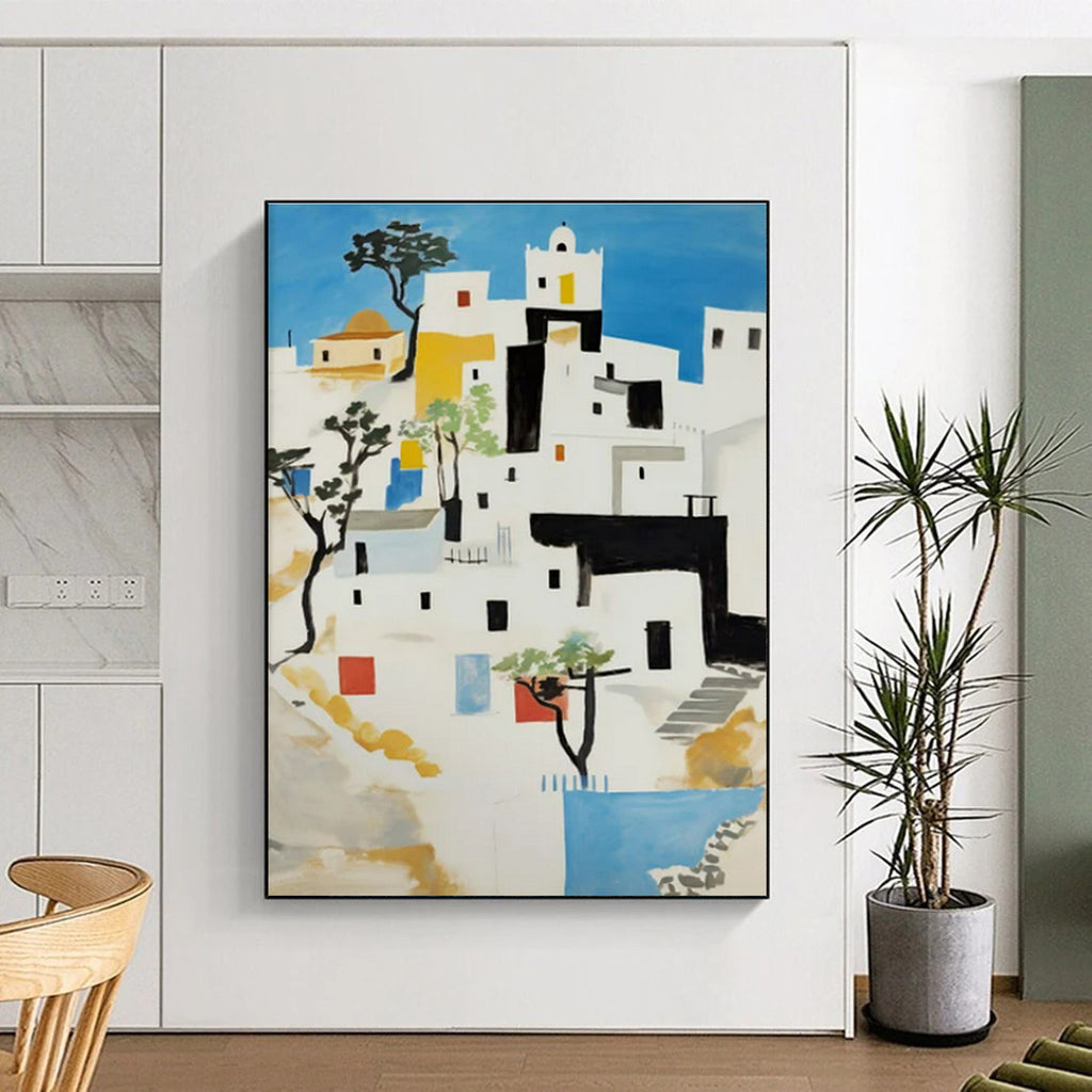White Village, "Mediterranean Hues" – Modernist Architectural Painting On Canvas PS0882