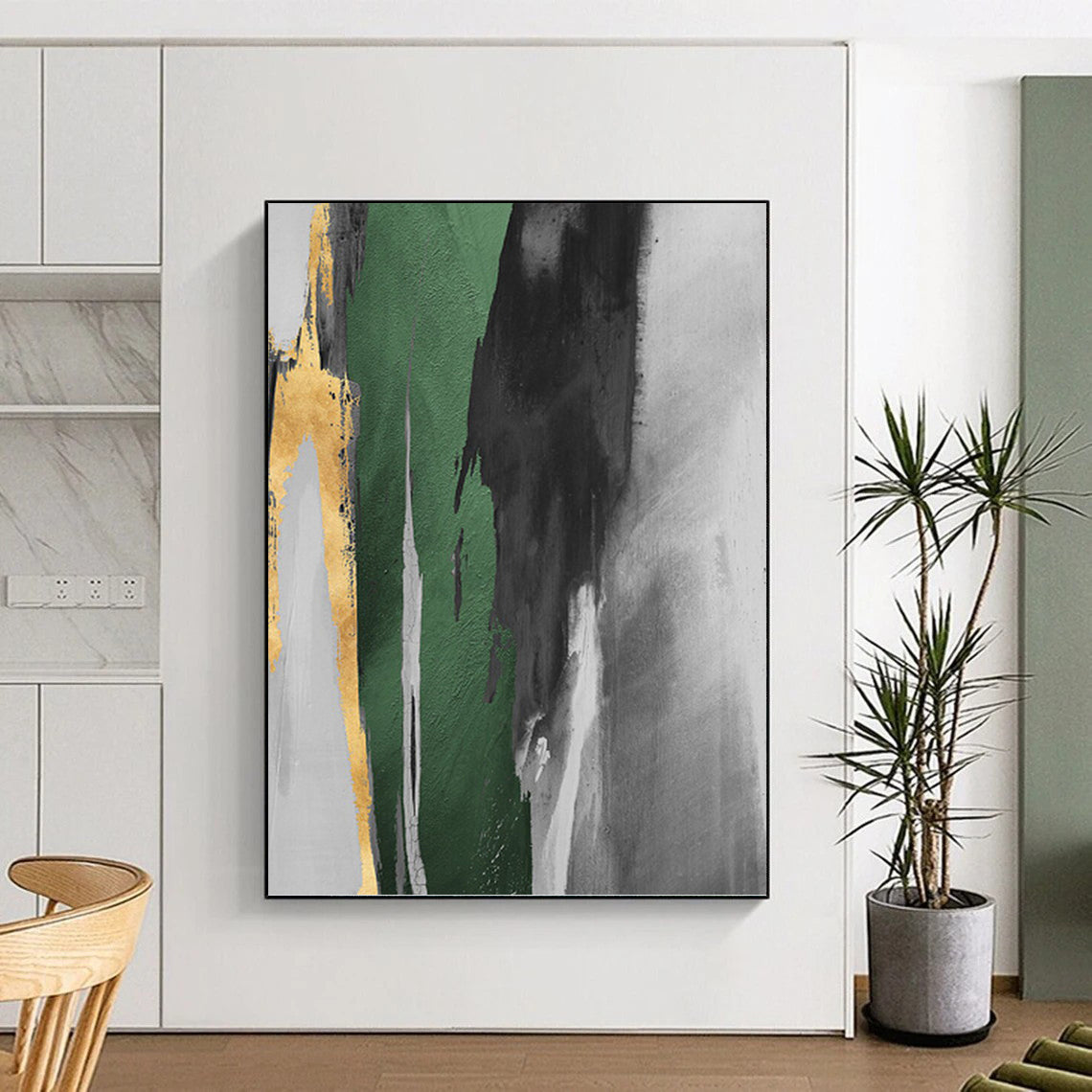“Green, Gray, and Gold Abstract” - Abstract, Multicolored Painting On Canvas PT1522