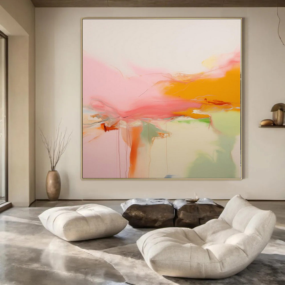 Pink, Orange, Green and White with Flowing Forms "Blush Breeze" Abstract Painting On Canvas PS1176