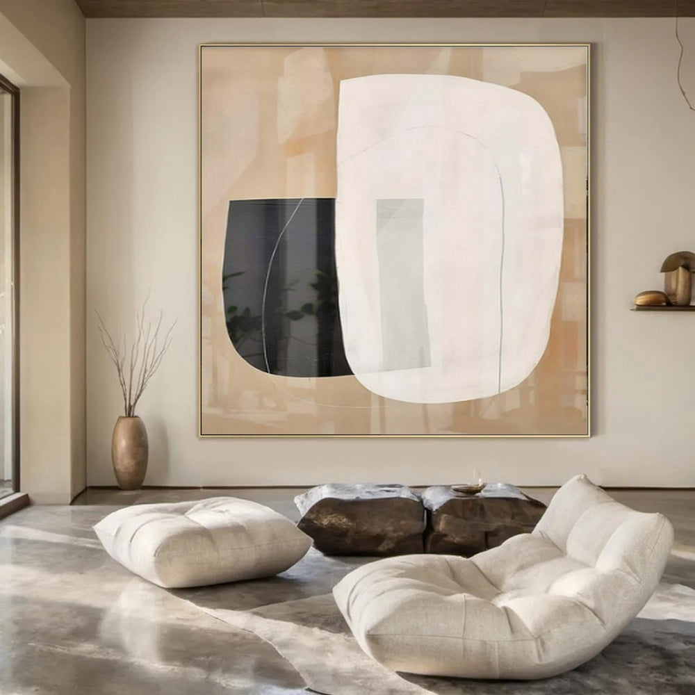 Beige, White, and Black Overlapping "Transparent Tranquility" Abstract Geometric Painting On Canvas PS1051