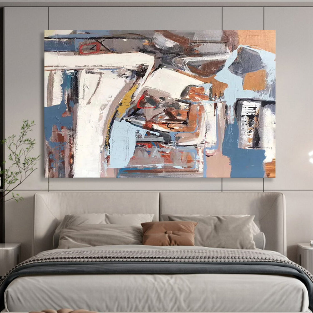 “Abstract Coastal Collage in Blues, Browns & Grays” - Modern Mixed - Media Painting On Canvas PT026