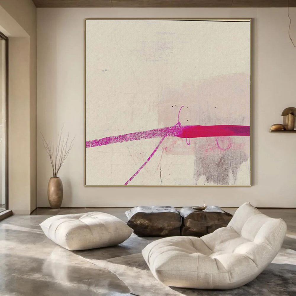 Light Pink, Gray, and Magenta Lines "Subtle Splash" Abstract Line - Based Painting On Canvas PS1045