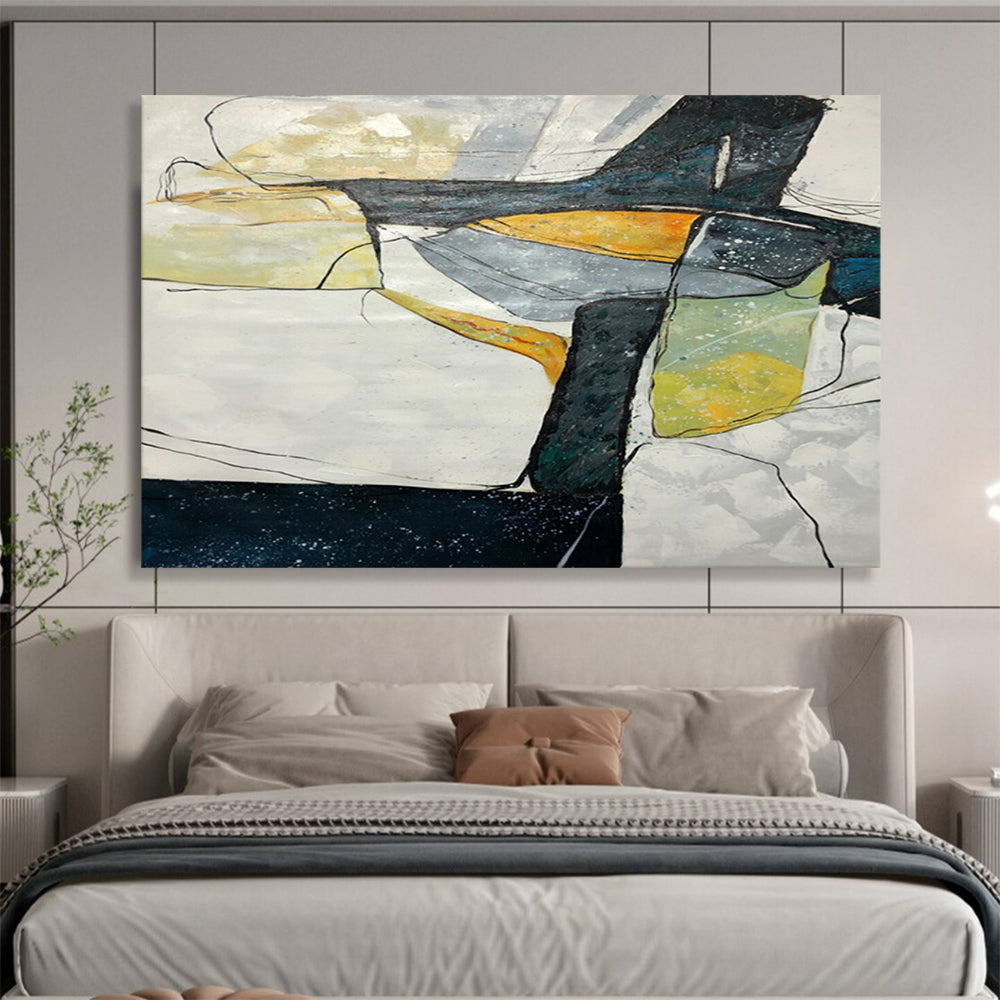 “Geometric Abstract Coastal in Blacks, Whites & Colors” - Modern Cubist - Inspired Oil Painting On Canvas PT038