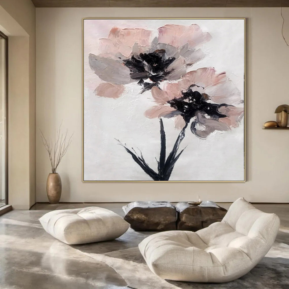 White, Pink, Gray, Black with Floral Forms "Textured Blooms" Abstract Painting On Canvas PS1428