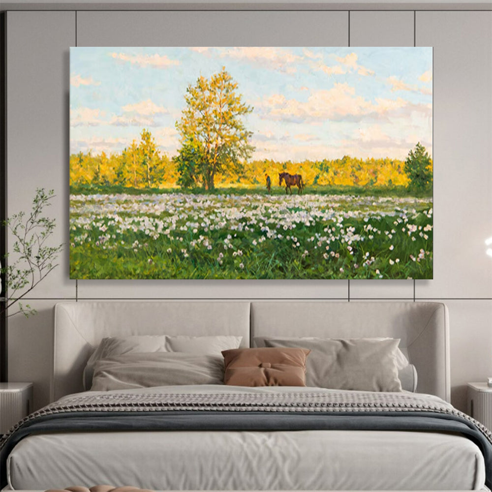 “Sunny Meadow with Horse” - Realistic Landscape Painting On Canvas PT216