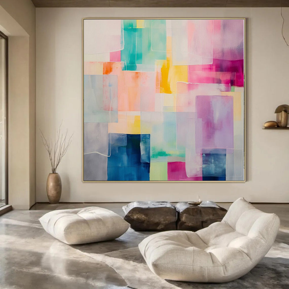 Colorful Translucent Rectangles "Hue Harmony" Abstract Painting On Canvas PS1177
