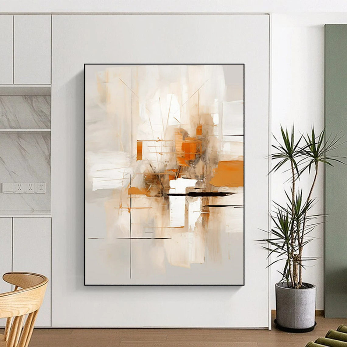 Beige, Orange & Grey Abstract Lines Painting On Canvas PS0823