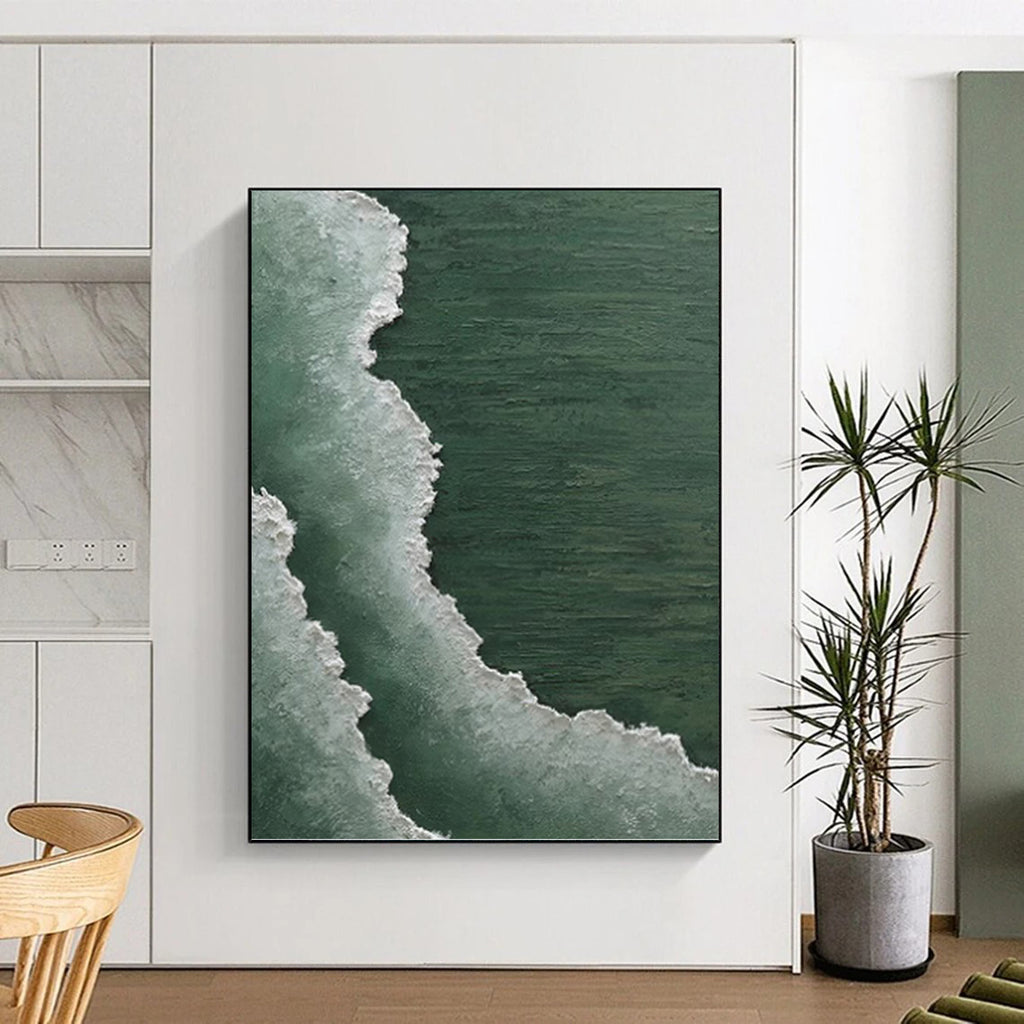 “Green and White Coastal Waves” - Seascape, Green - and - White Painting On Canvas PT1501