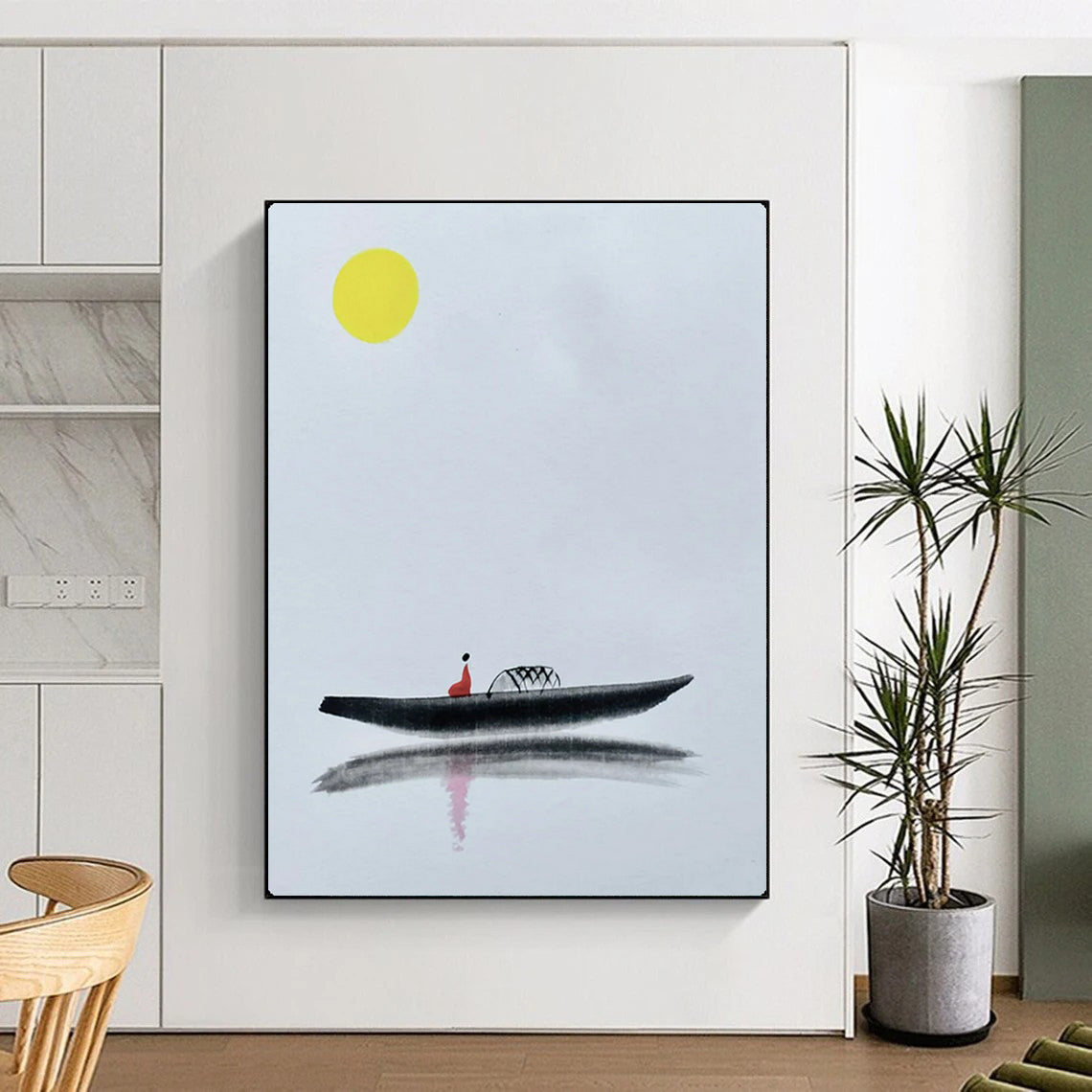 “Yellow Moon & Red Figure on Black Boat” - Minimalist Ink Painting On Canvas PT2163