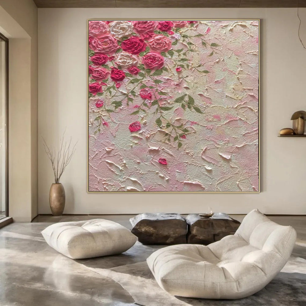 Pink, Green with Textured Roses "Tactile Blooms" Abstract Painting On Canvas PS1450