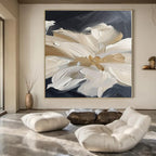 Cream and Black Floral "Luxe Petals" Impasto Flower Painting On Canvas PS1092