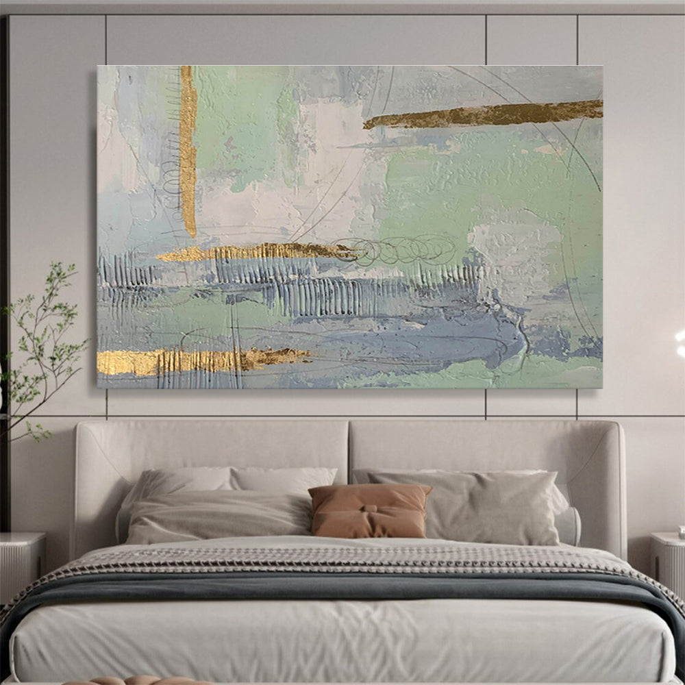 Pastel Greens and Blues with Gold Abstract Painting On Canvas DKS179