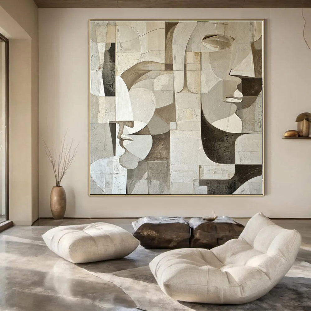Beige, Gray with Geometric Faces "Cubist Masks" Abstract Painting On Canvas PS1388