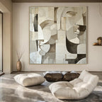 Beige, Gray with Geometric Faces "Cubist Masks" Abstract Painting On Canvas PS1388