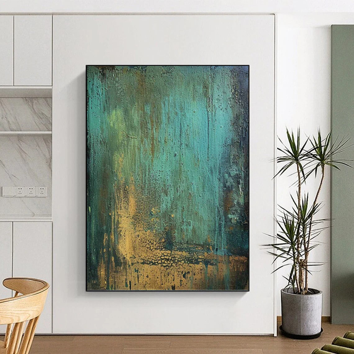 “Teal - Gold Textured Fusion” - Textured Abstract Painting On Canvas PT1194