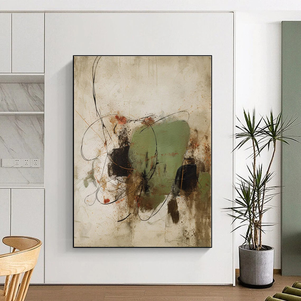 “Green - Black Line & Shape” - Green, Black, Brown Abstract Line Painting On Canvas PS0569