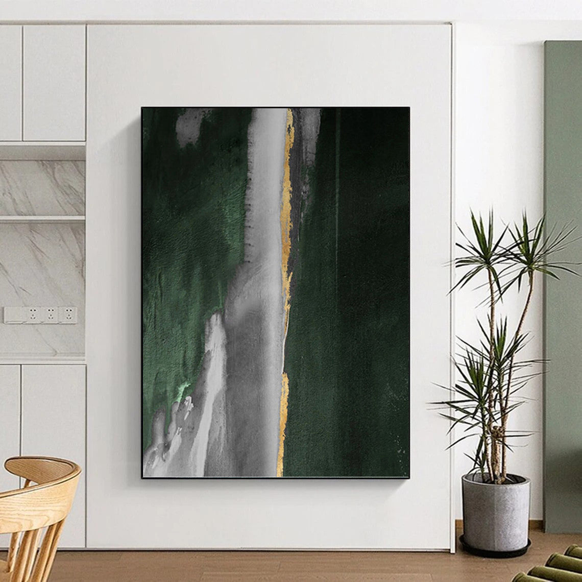 “Green - Grey - Gold Abstract Flow” - Abstract Expressionist Painting On Canvas PT1203