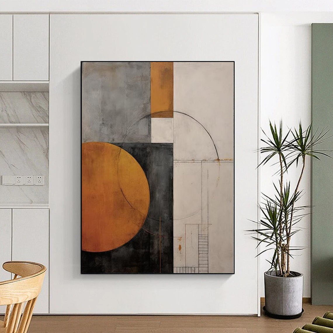 “Geometric Abstract with Warm Circles and Lines” - Constructivist Abstract Painting On Canvas PS0246