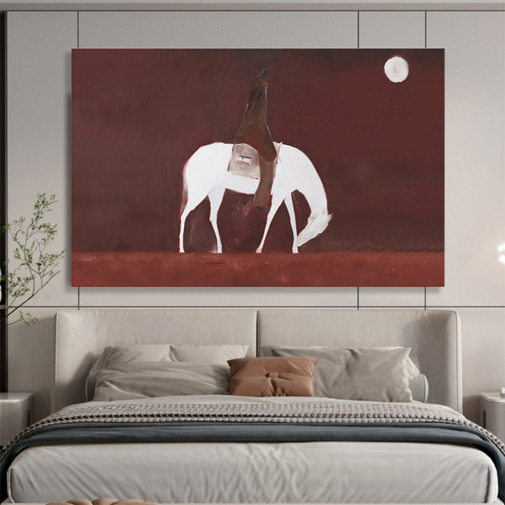 “Moonlit Rider” - Red, White & Brown Figurative, Minimalist Oil Painting On Canvas DKS732