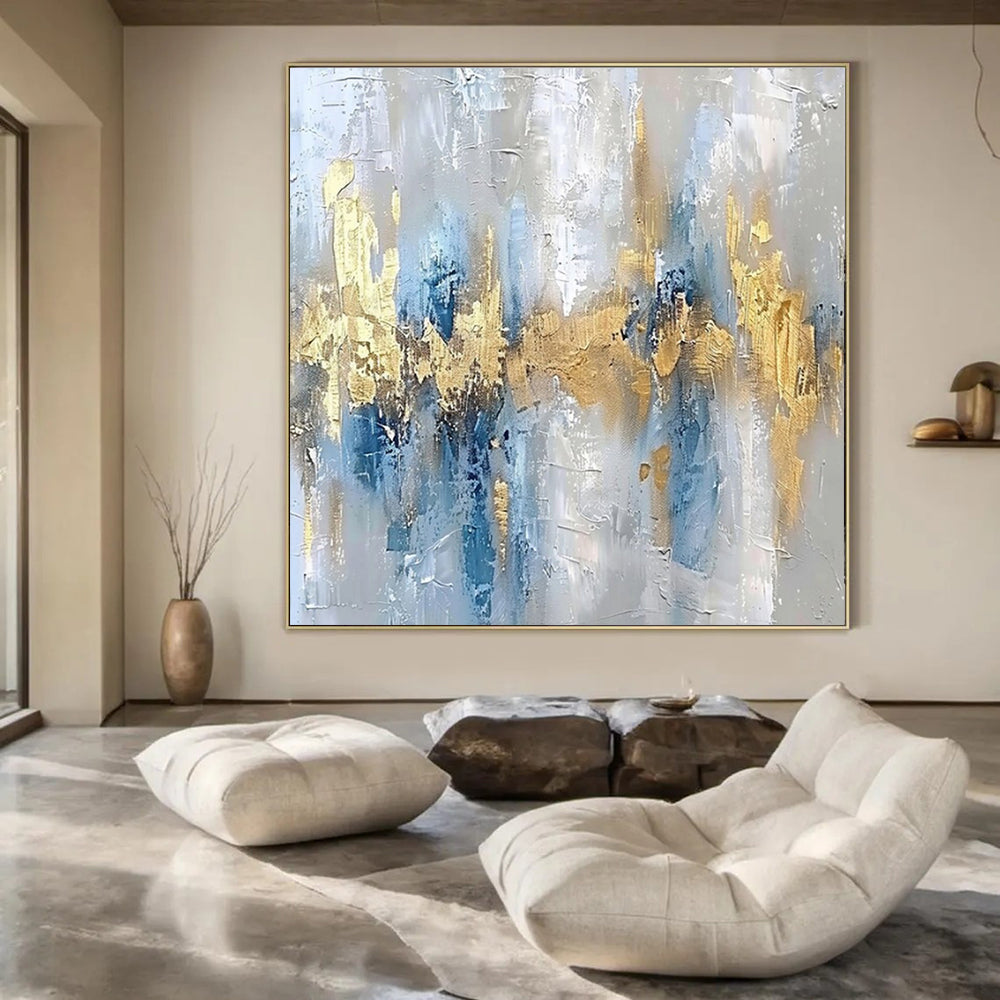 Gray, Blue, Gold, and White Textured, "Opulent Echo" – Textured Abstract Painting On Canvas PS1011