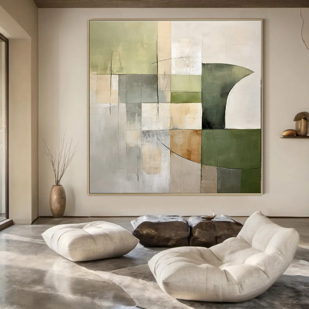 Green, Gray, Beige with Geometric Forms "Earthly Grid" Abstract Painting On Canvas PS1440
