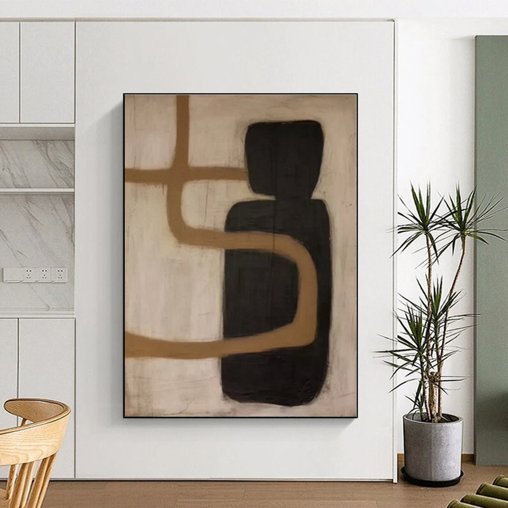 “Black - Brown Curved Abstraction” - Black, Brown Abstract Painting On Canvas PS0536