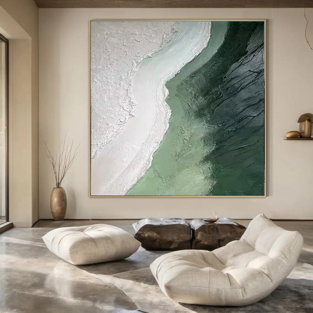 Textured Green and White, "Coastal Layers" – Textured Abstract Painting On Canvas PS0938