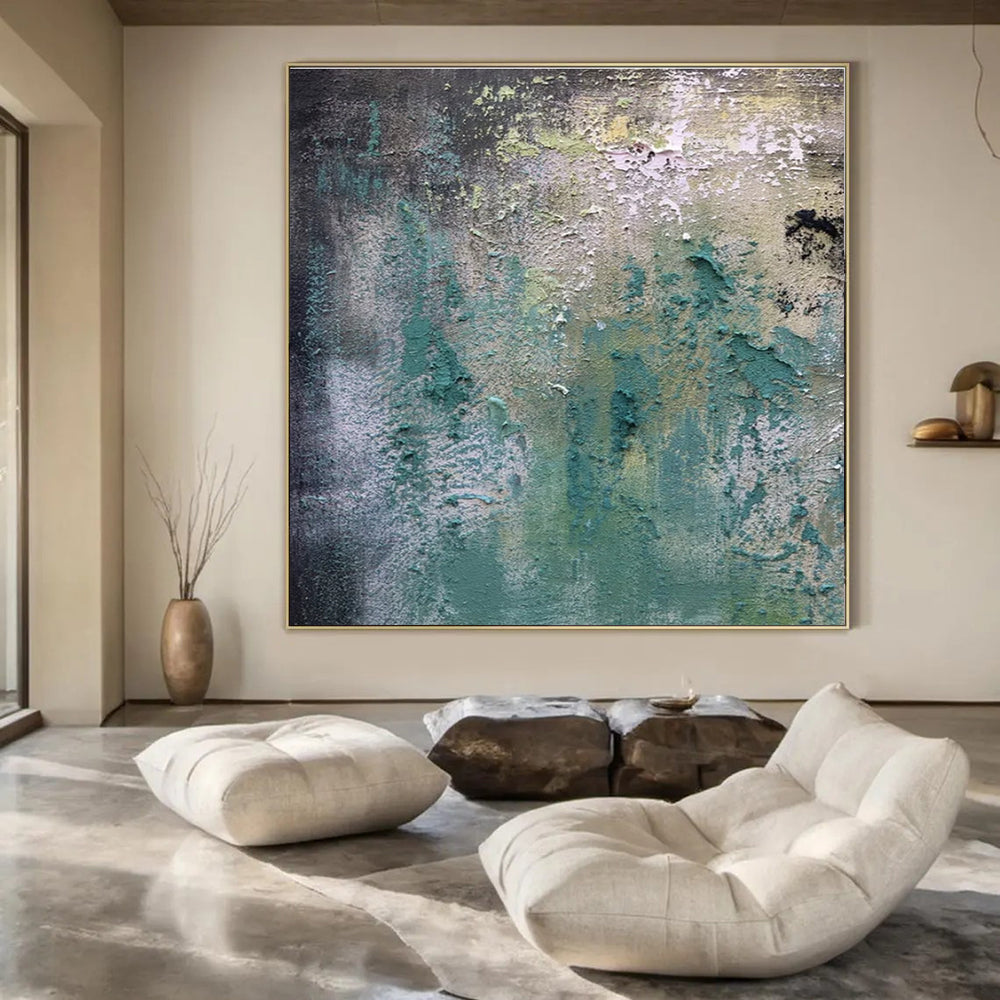 Green, Blue, Gray, Yellow with Textured Layers "Weathered Dream" Abstract Painting On Canvas PS1472